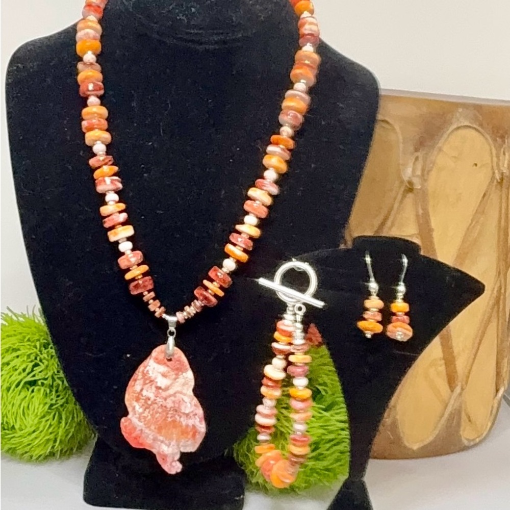 One of a Kind Spiny Oyster Necklace with Carved Spiny Oyster Pendant (NEW)